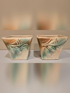 Ceramic Leaf Relief Planters - Pair in Turquoise and Cream McCoy Pottery